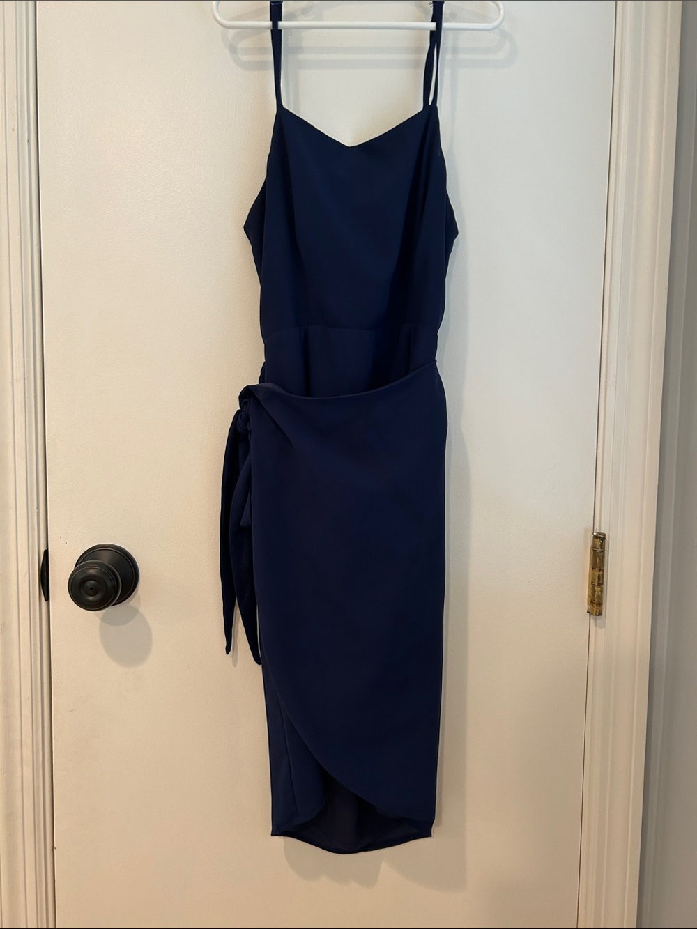 by the way. Navy Wrap-Style Midi Dress with Spaghetti Straps